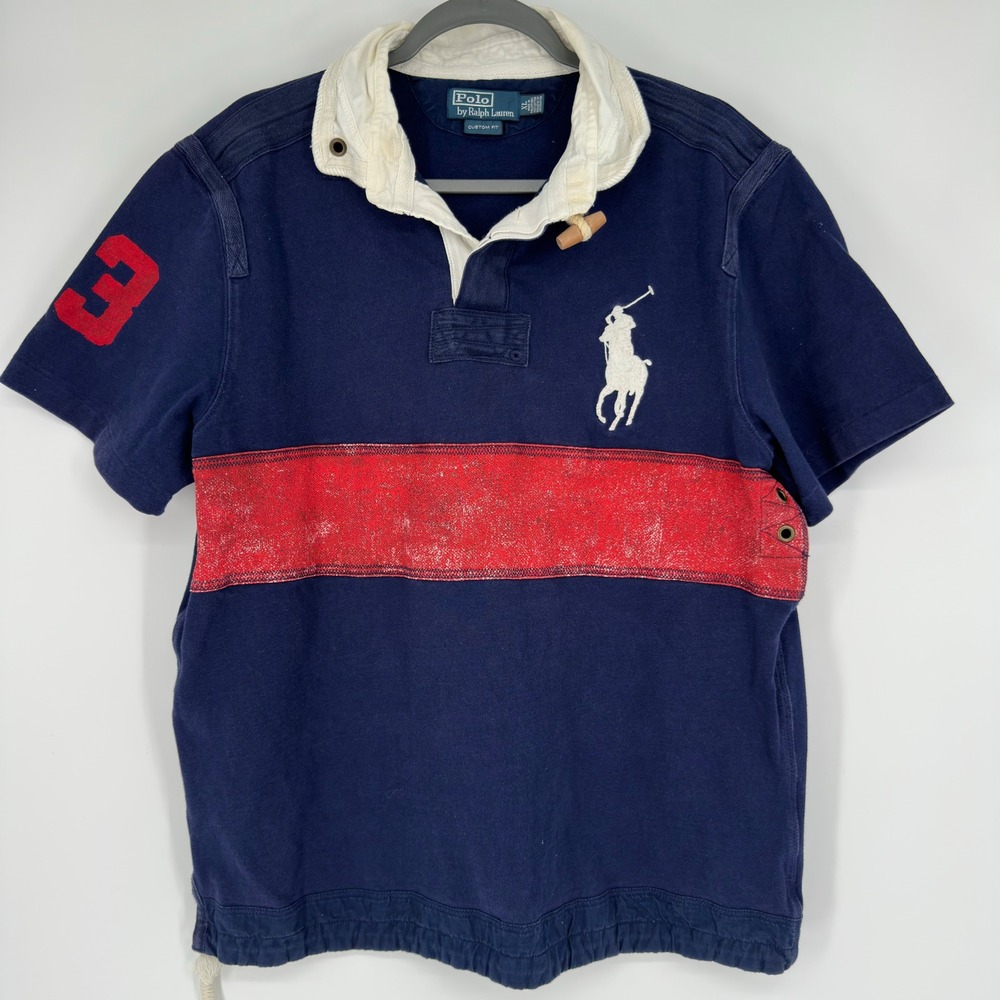 Vintage 90s Polo Ralph Lauren Mens XL Big Pony Rugby Shirt Navy Blue Red Toggle